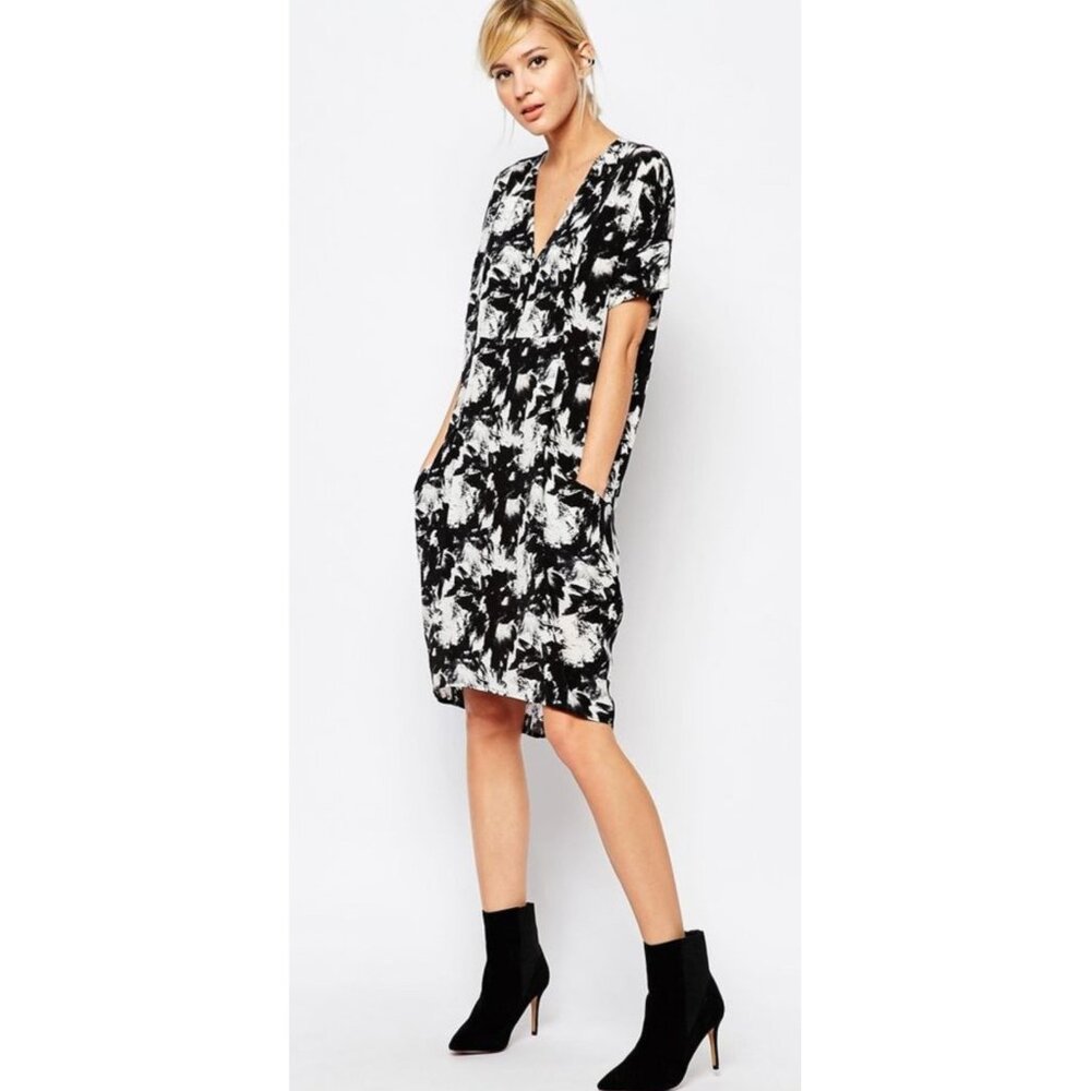 Whistles Hannah Suki Floral Abstract Tunic Dress Women 8 Black White Knee Length